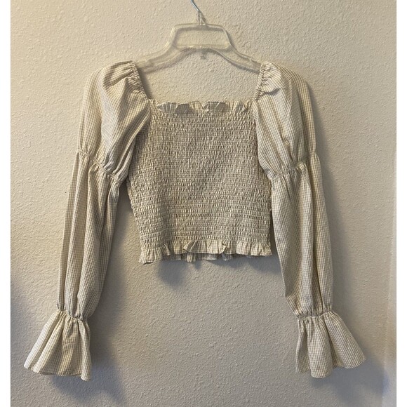 Superdown Womens Blouse Size XS Smocked Puff Sleeve Cropped Gingham Babydoll Top - Picture 4 of 11